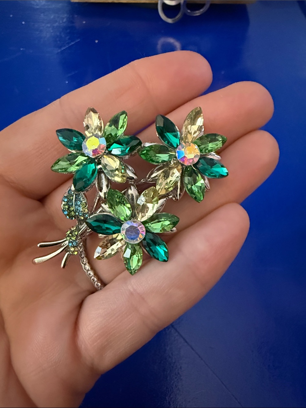 Green Crystal Flower Brooch /Pendant - Sparkling Floral Accent